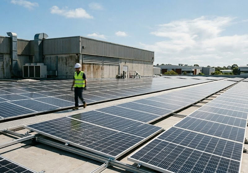 Engineers evaluating solar power requirements for a commercial facility